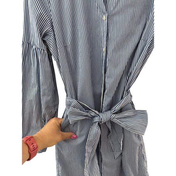 J. McLaughlin Millbury White & Navy Striped Poplin Dress Pockets Size Medium - Picture 5 of 11